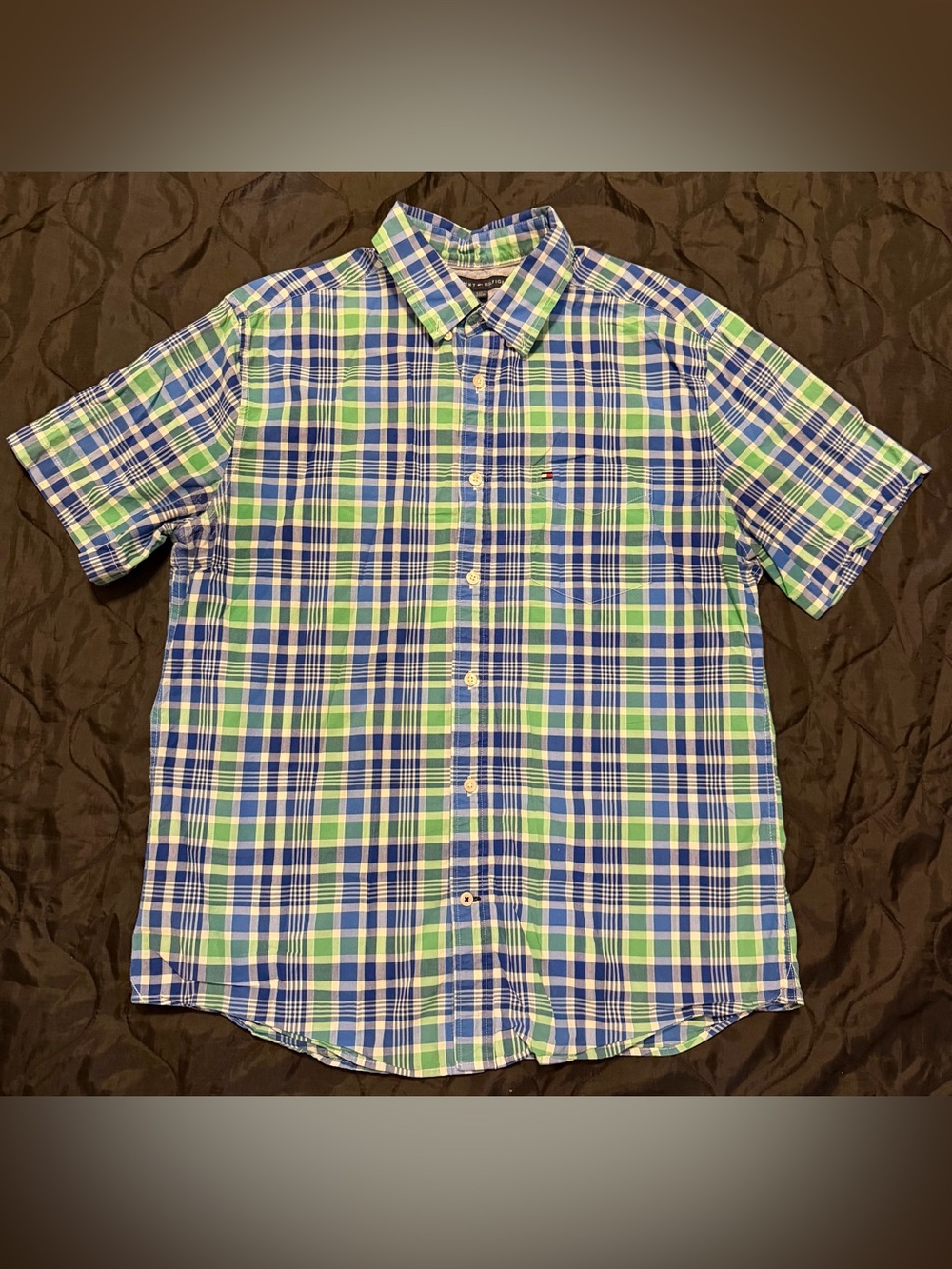 Tommy Hilfiger Blue & Green Plaid Short Sleeve Button-Down Shirt size Large